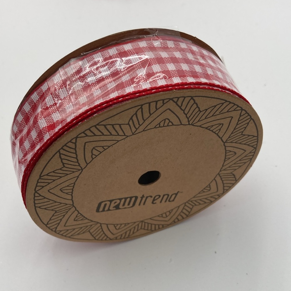 (1) Spool Red and White Gingham Wired Ribbon - 1” wide 125 yards total